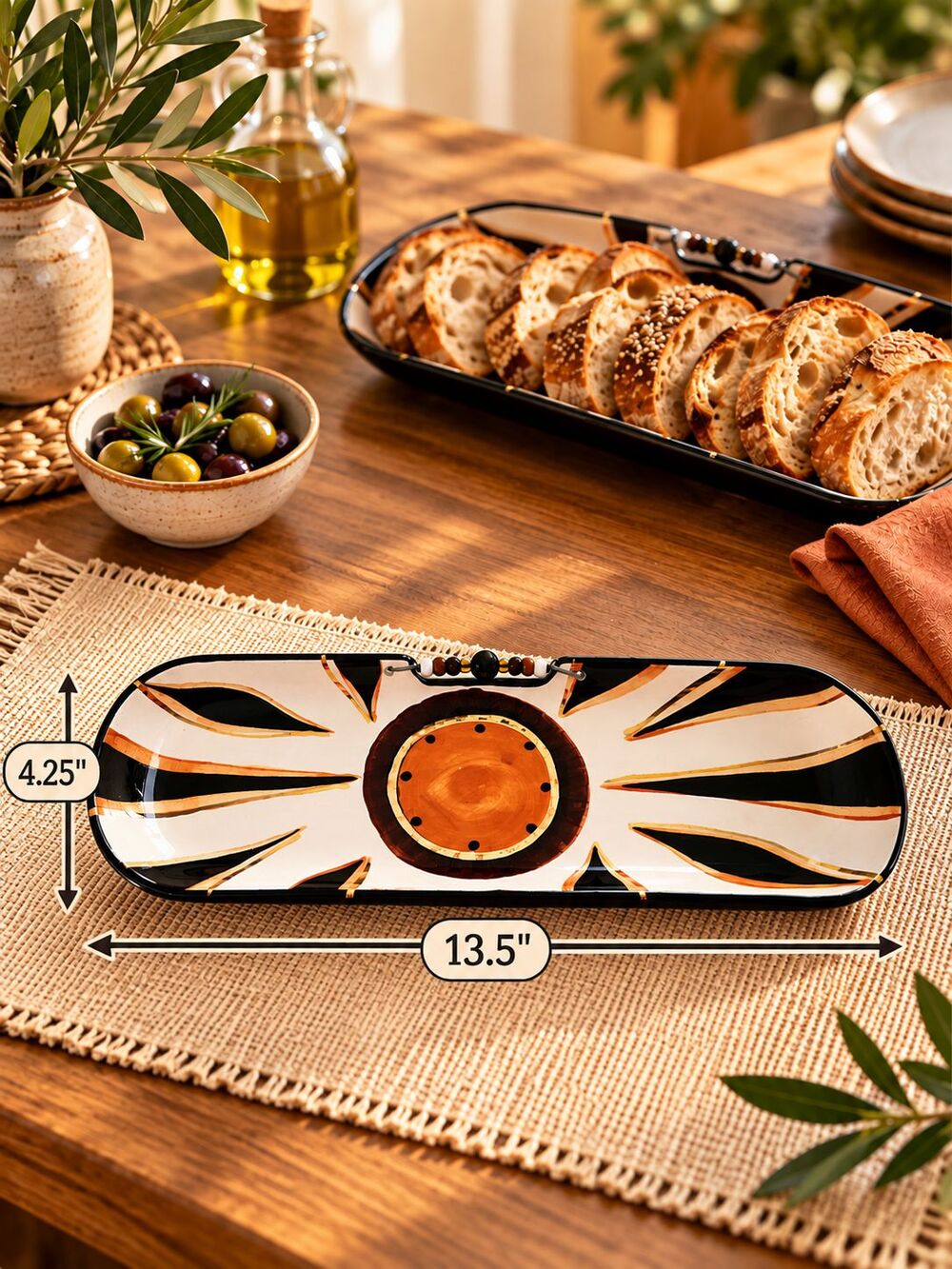 Vintage Handmade USA Ceramic Serving Tray 13.5” Hand Painted Art Pottery Beaded